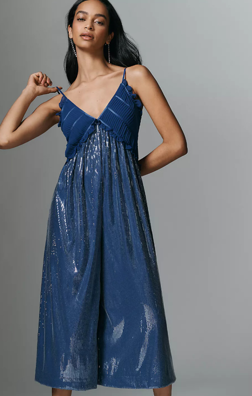 NWOT Maeve Fluid Shine Ruffle Blue Crop Jumpsuit - XL